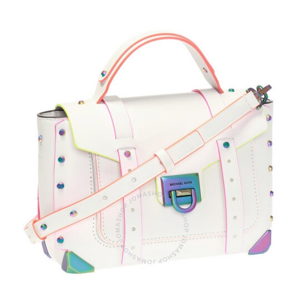 MICHAEL KORS MANHATTAN MEDIUM OPTIC WHITE NEON CROSSBODY SCHOOL SATCHEL BAG NWT! - Picture 4 of 15